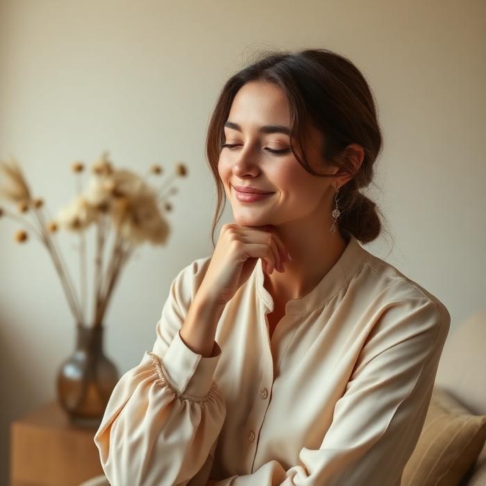Vrouw in beige blouse in warm interieur